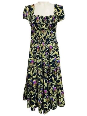 AGUA BY AGUA BENDITA NAVY BLUE / GREEN MULTI BANANA ALCACHOFA MIDI DRESS